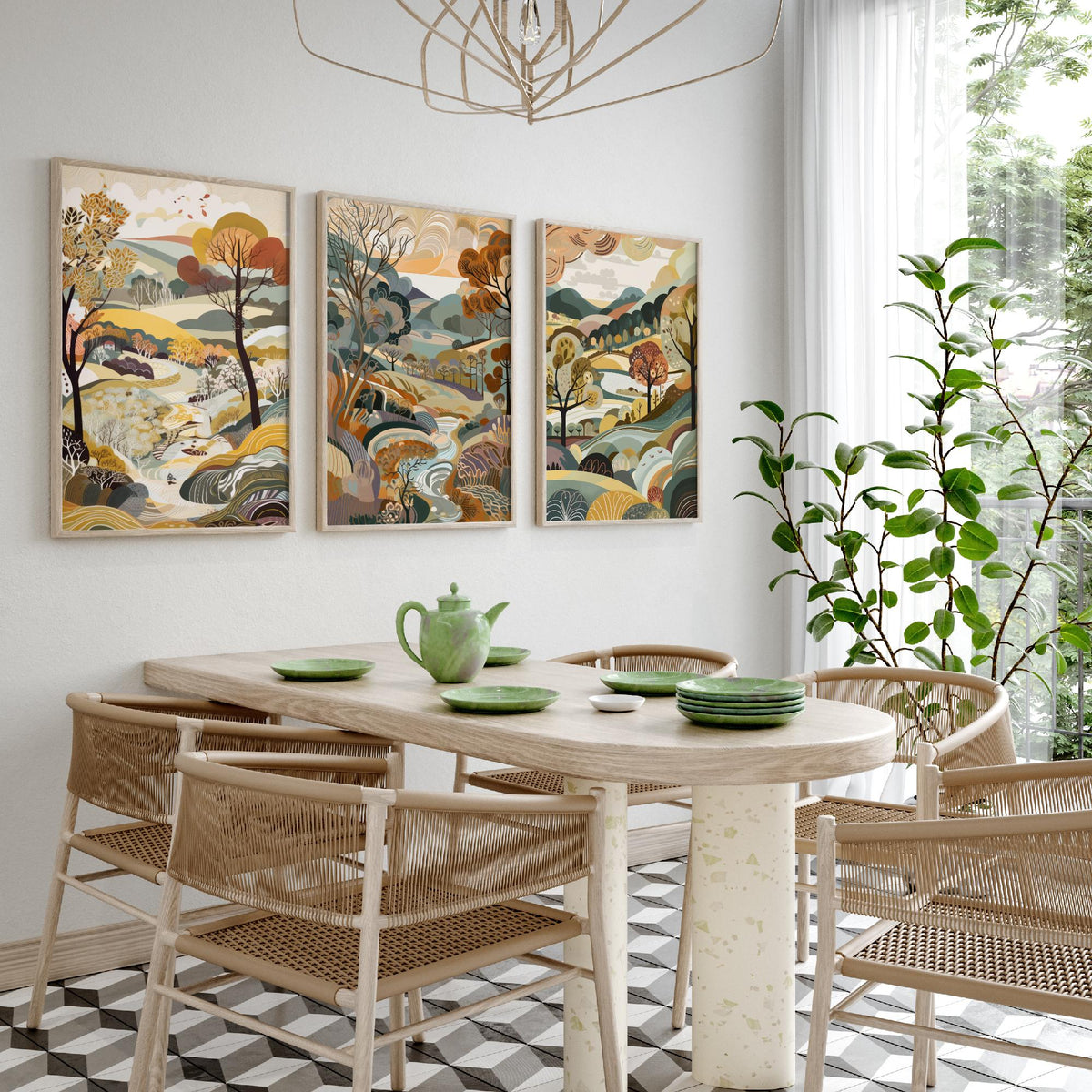 Honey Landscape Drawing Set of Three Art Prints - Trees, Hills and Stream - Autumn Folk Countryside Poster Illustration