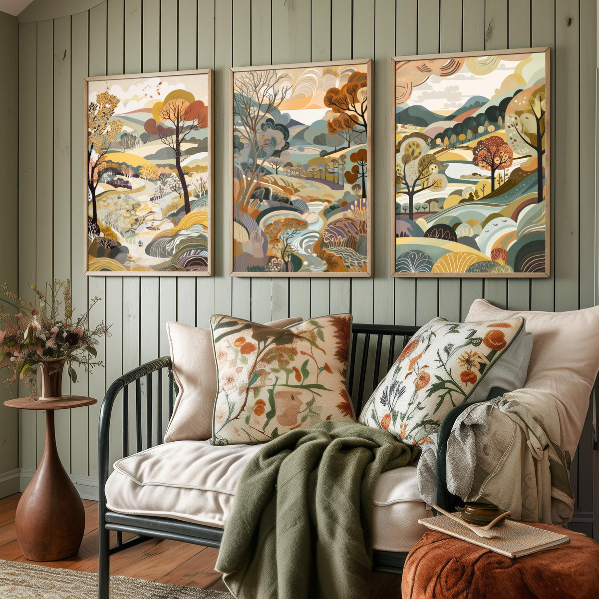 Honey Landscape Drawing Set of Three Art Prints - Trees, Hills and Stream - Autumn Folk Countryside Poster Illustration