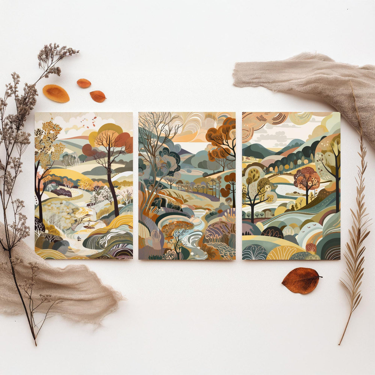 Honey Landscape Drawing Set of Three Art Prints - Trees, Hills and Stream - Autumn Folk Countryside Poster Illustration