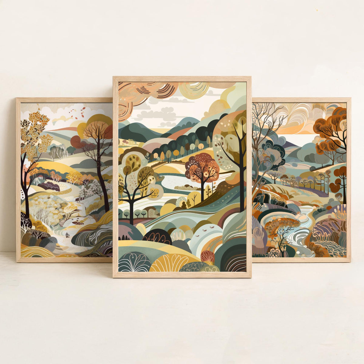 Honey Landscape Drawing Set of Three Art Prints - Trees, Hills and Stream - Autumn Folk Countryside Poster Illustration