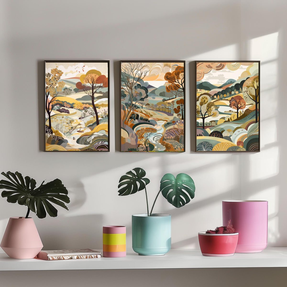 Honey Landscape Drawing Set of Three Art Prints - Trees, Hills and Stream - Autumn Folk Countryside Poster Illustration