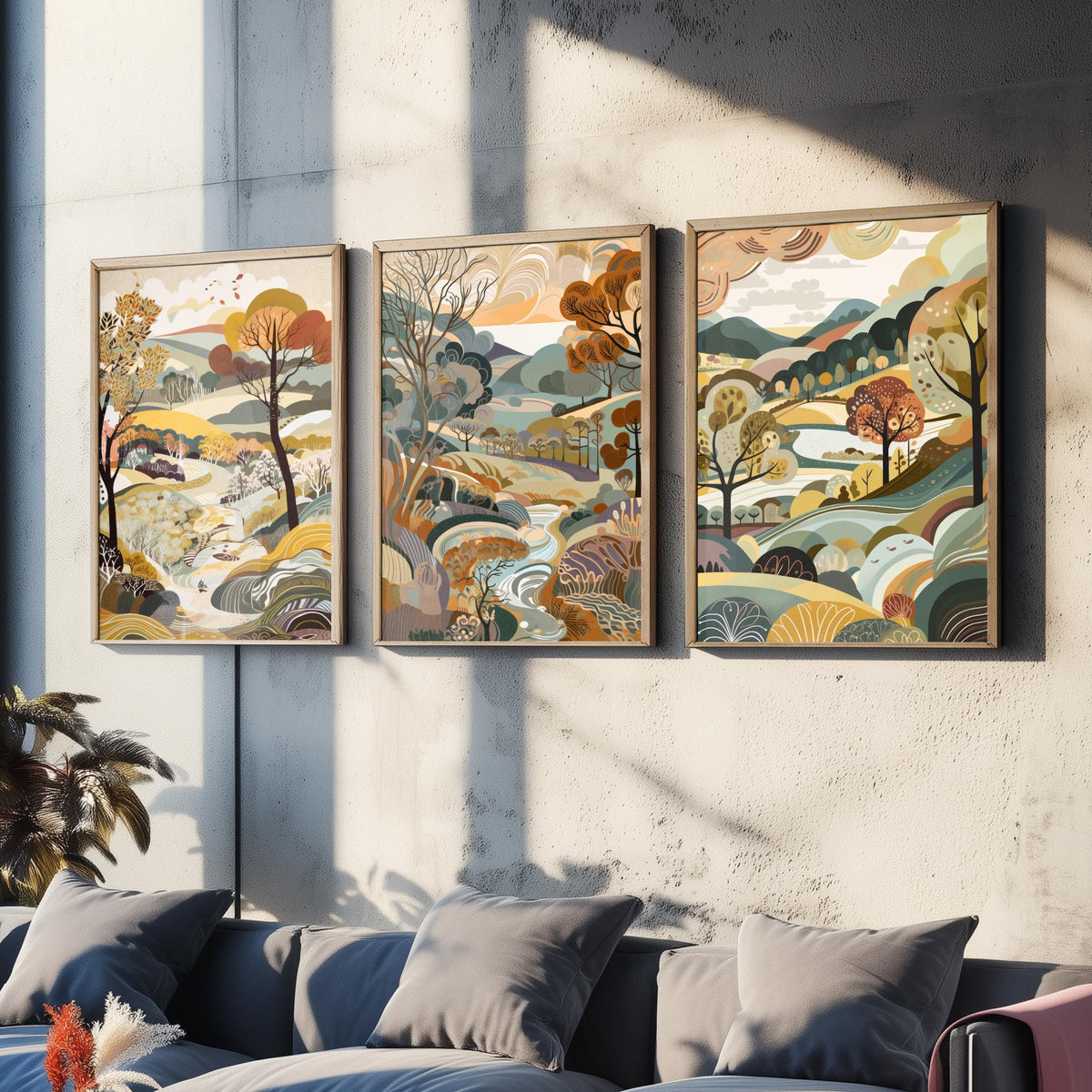 Honey Landscape Drawing Set of Three Art Prints - Trees, Hills and Stream - Autumn Folk Countryside Poster Illustration