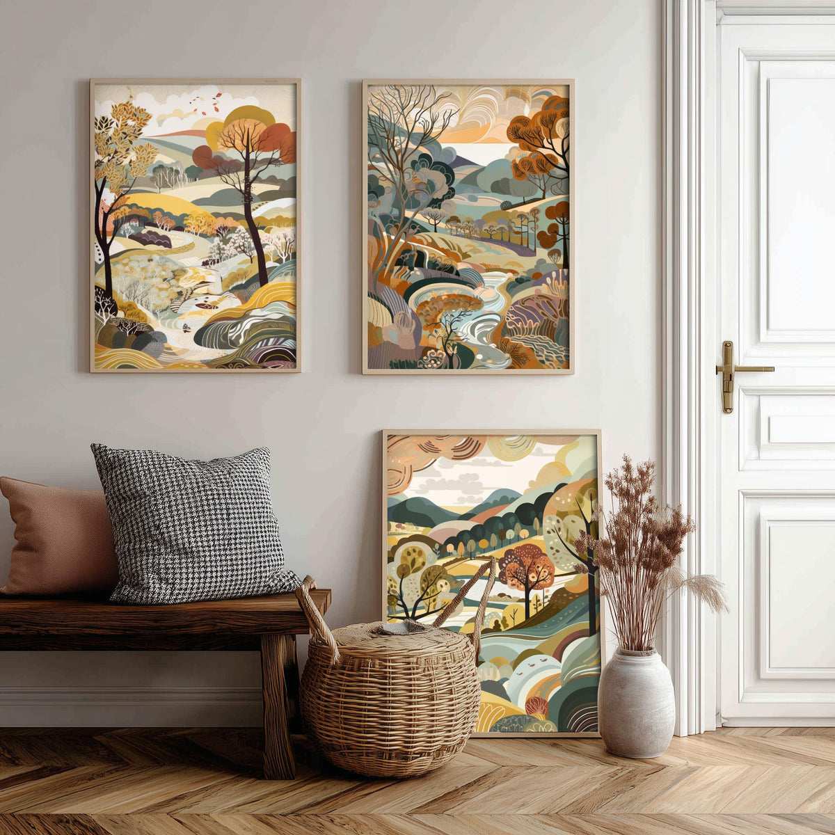 Honey Landscape Drawing Set of Three Art Prints - Trees, Hills and Stream - Autumn Folk Countryside Poster Illustration