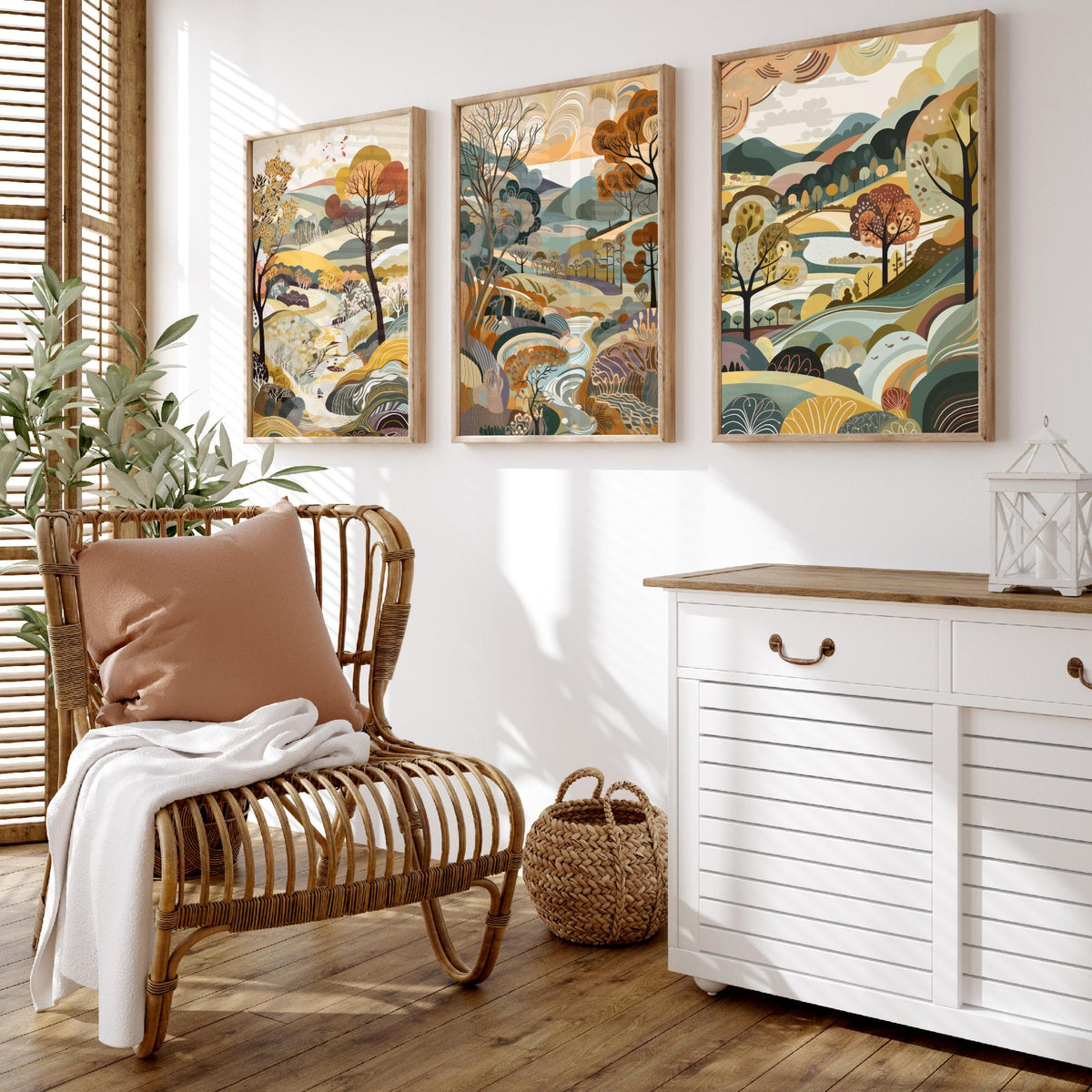 Honey Landscape Drawing Set of Three Art Prints - Trees, Hills and Stream - Autumn Folk Countryside Poster Illustration