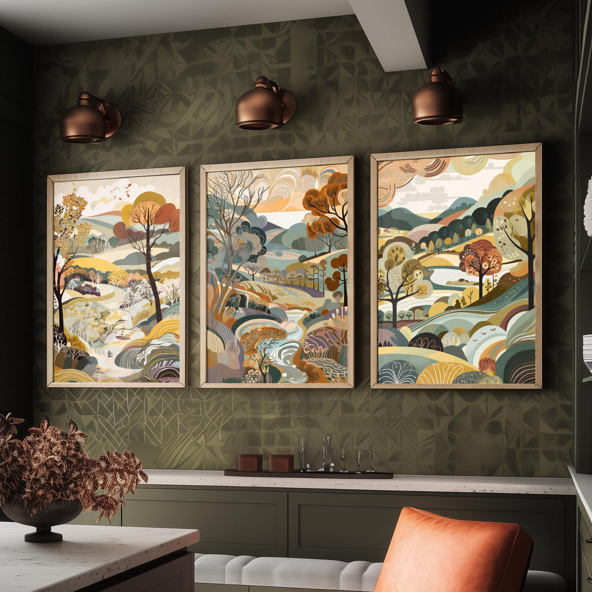 Honey Landscape Drawing Set of Three Art Prints - Trees, Hills and Stream - Autumn Folk Countryside Poster Illustration