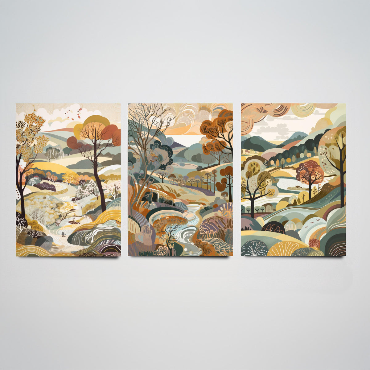 Honey Landscape Drawing Set of Three Art Prints - Trees, Hills and Stream - Autumn Folk Countryside Poster Illustration