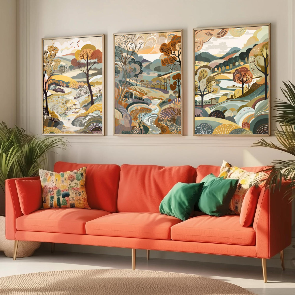 Honey Landscape Drawing Set of Three Art Prints - Trees, Hills and Stream - Autumn Folk Countryside Poster Illustration