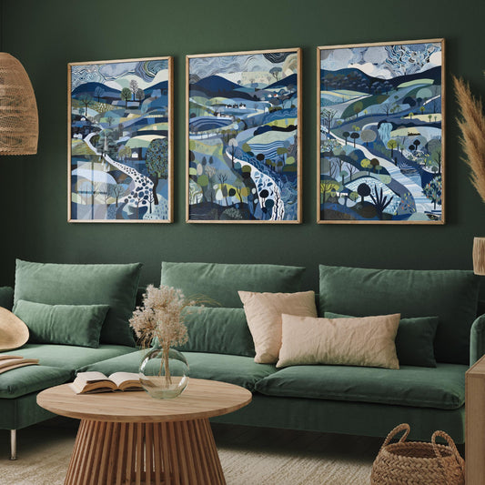 Navy and Slate Landscape Drawing Set of Three Art Prints - Trees, Hills and Cottages - Moody Folk Countryside Poster Illustration
