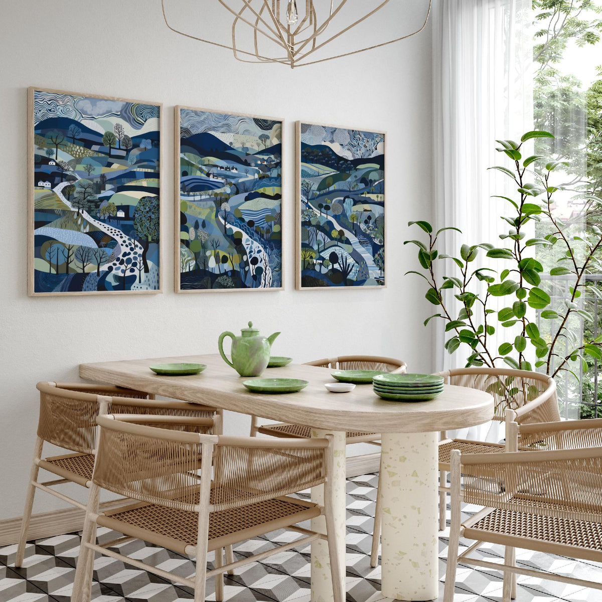 Navy and Slate Landscape Drawing Set of Three Art Prints - Trees, Hills and Cottages - Moody Folk Countryside Poster Illustration