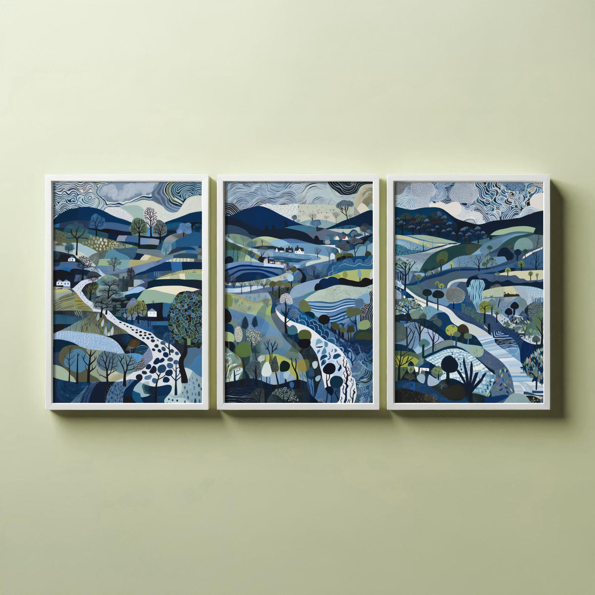 Navy and Slate Landscape Drawing Set of Three Art Prints - Trees, Hills and Cottages - Moody Folk Countryside Poster Illustration
