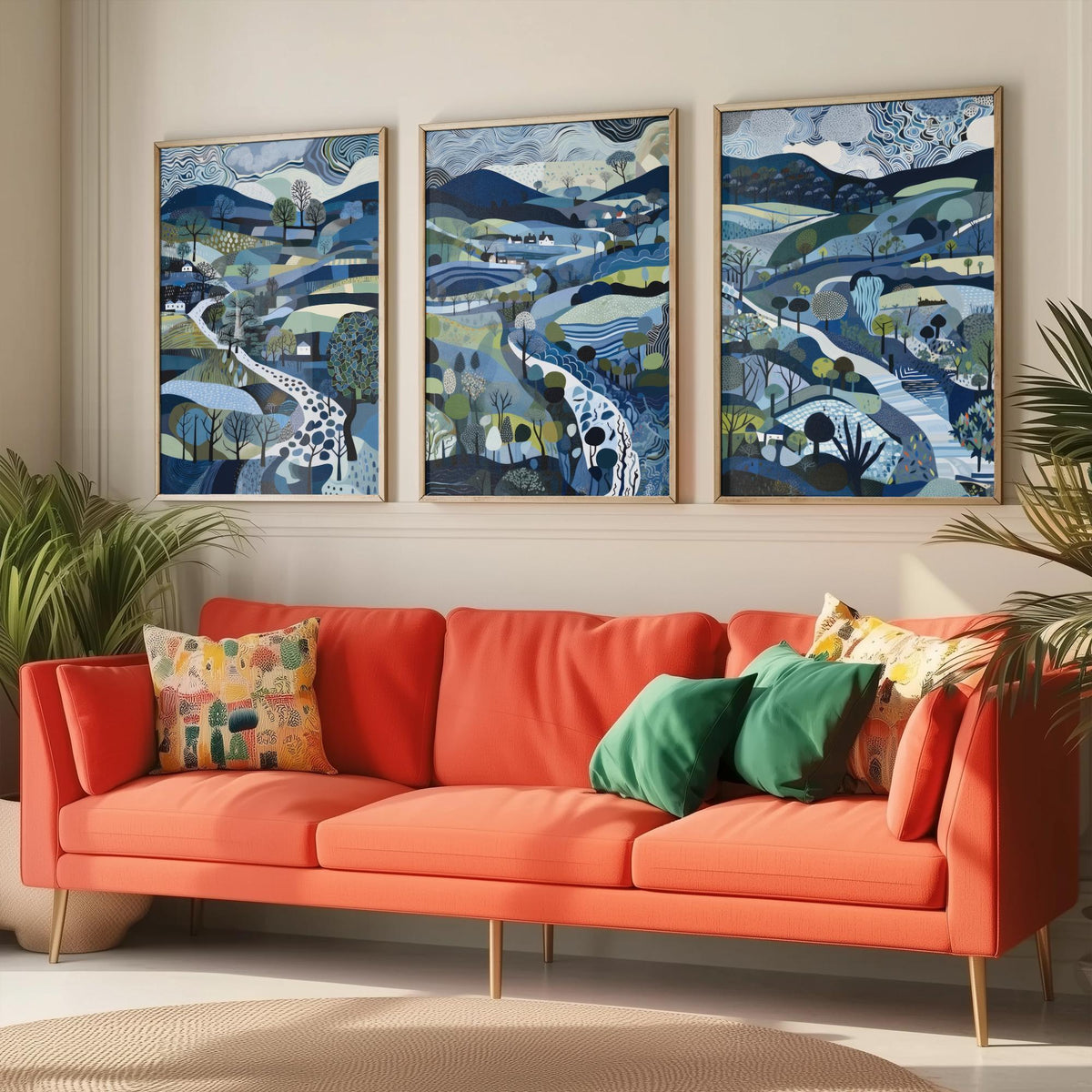Navy and Slate Landscape Drawing Set of Three Art Prints - Trees, Hills and Cottages - Moody Folk Countryside Poster Illustration