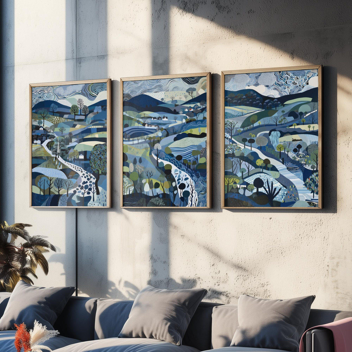 Navy and Slate Landscape Drawing Set of Three Art Prints - Trees, Hills and Cottages - Moody Folk Countryside Poster Illustration