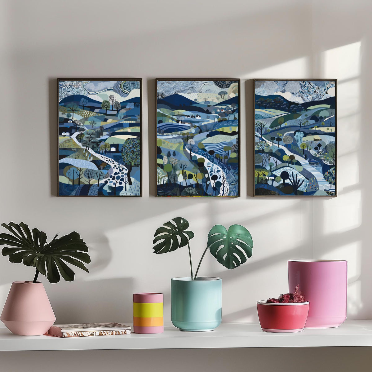 Navy and Slate Landscape Drawing Set of Three Art Prints - Trees, Hills and Cottages - Moody Folk Countryside Poster Illustration