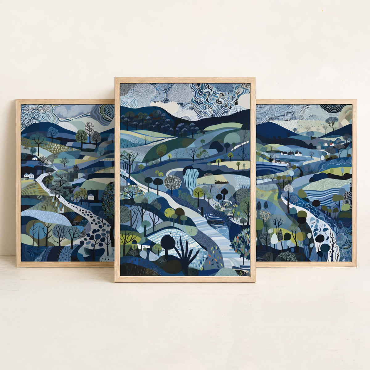 Navy and Slate Landscape Drawing Set of Three Art Prints - Trees, Hills and Cottages - Moody Folk Countryside Poster Illustration