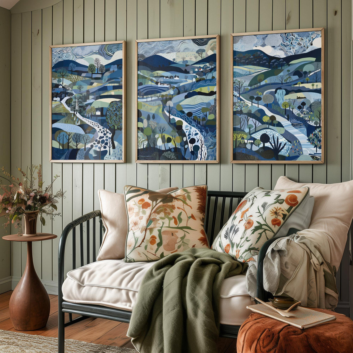 Navy and Slate Landscape Drawing Set of Three Art Prints - Trees, Hills and Cottages - Moody Folk Countryside Poster Illustration