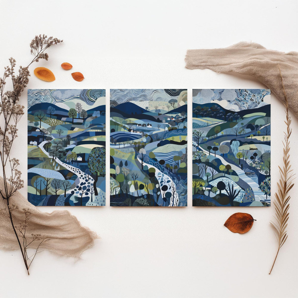 Navy and Slate Landscape Drawing Set of Three Art Prints - Trees, Hills and Cottages - Moody Folk Countryside Poster Illustration