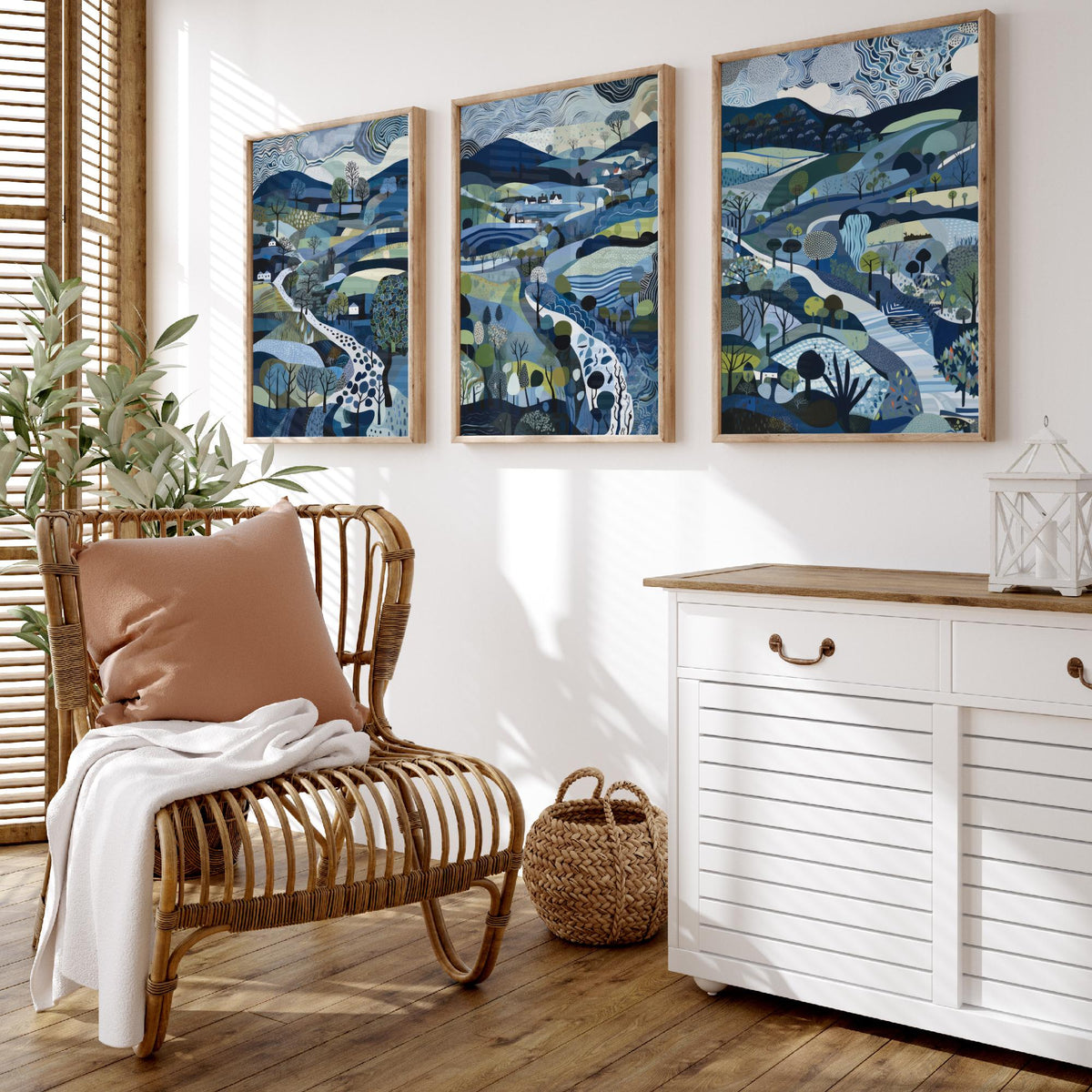Navy and Slate Landscape Drawing Set of Three Art Prints - Trees, Hills and Cottages - Moody Folk Countryside Poster Illustration