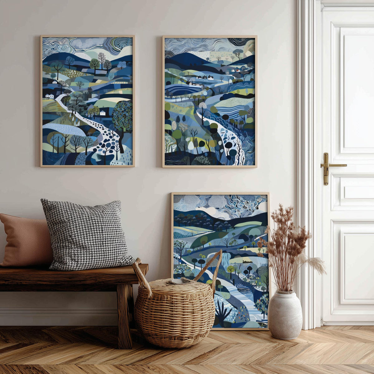 Navy and Slate Landscape Drawing Set of Three Art Prints - Trees, Hills and Cottages - Moody Folk Countryside Poster Illustration