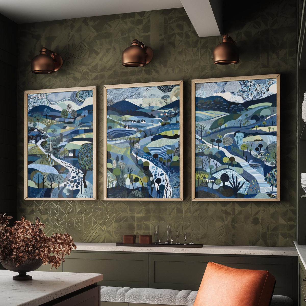 Navy and Slate Landscape Drawing Set of Three Art Prints - Trees, Hills and Cottages - Moody Folk Countryside Poster Illustration