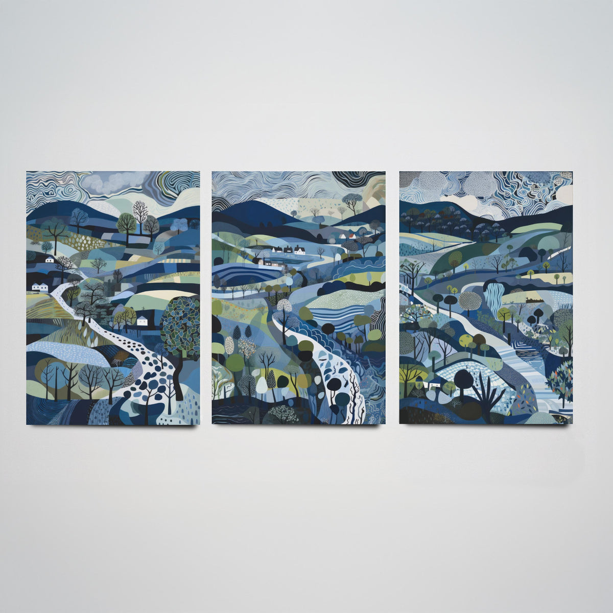 Navy and Slate Landscape Drawing Set of Three Art Prints - Trees, Hills and Cottages - Moody Folk Countryside Poster Illustration