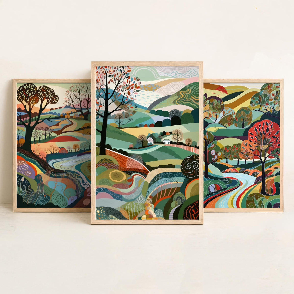 Rainbow Colour Landscape Drawing Set of Three Art Prints - Trees, Hills and River - Vibrant Folk Countryside Poster Illustration