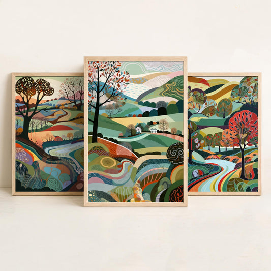 Rainbow Colour Landscape Drawing Set of Three Art Prints - Trees, Hills and River - Vibrant Folk Countryside Poster Illustration