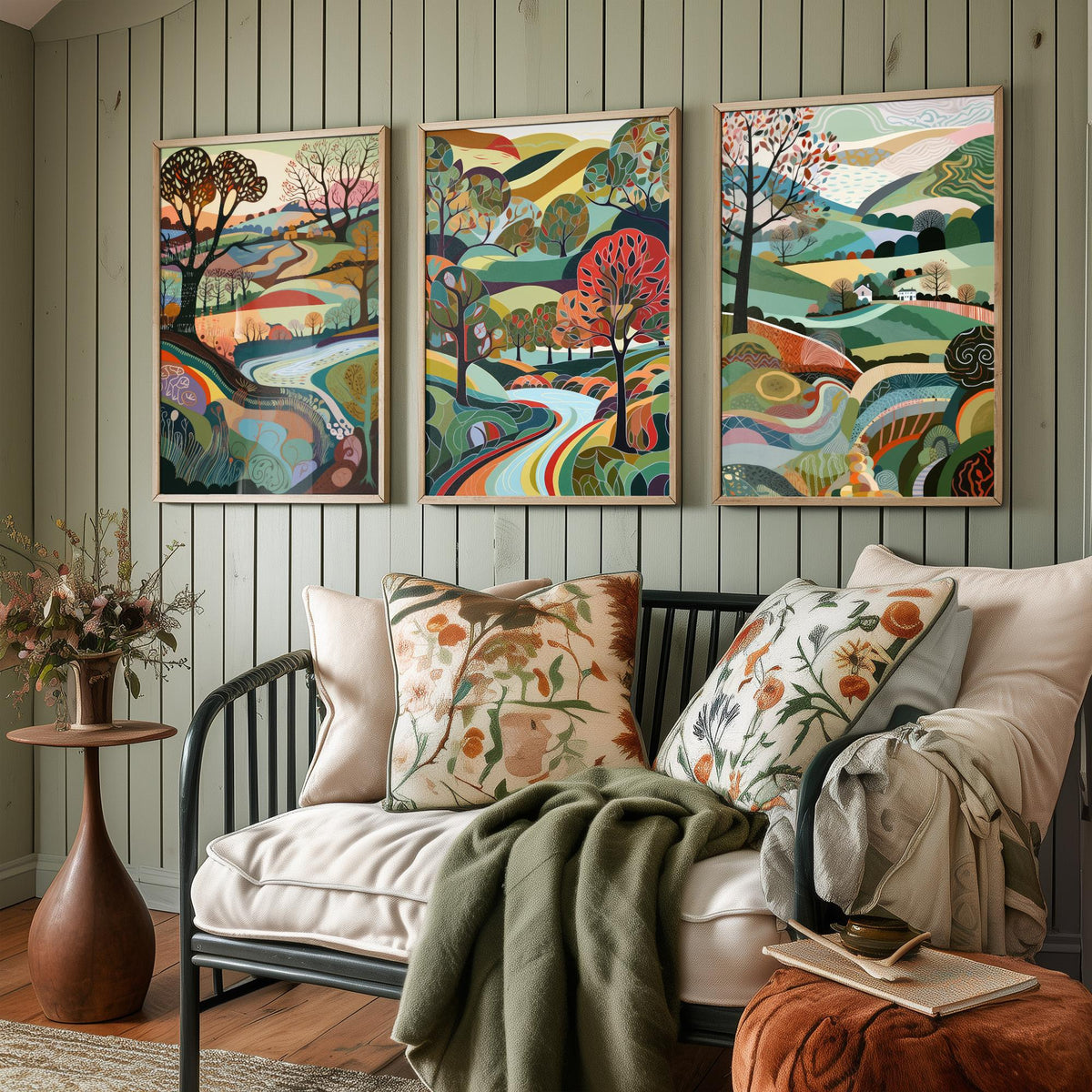 Rainbow Colour Landscape Drawing Set of Three Art Prints - Trees, Hills and River - Vibrant Folk Countryside Poster Illustration