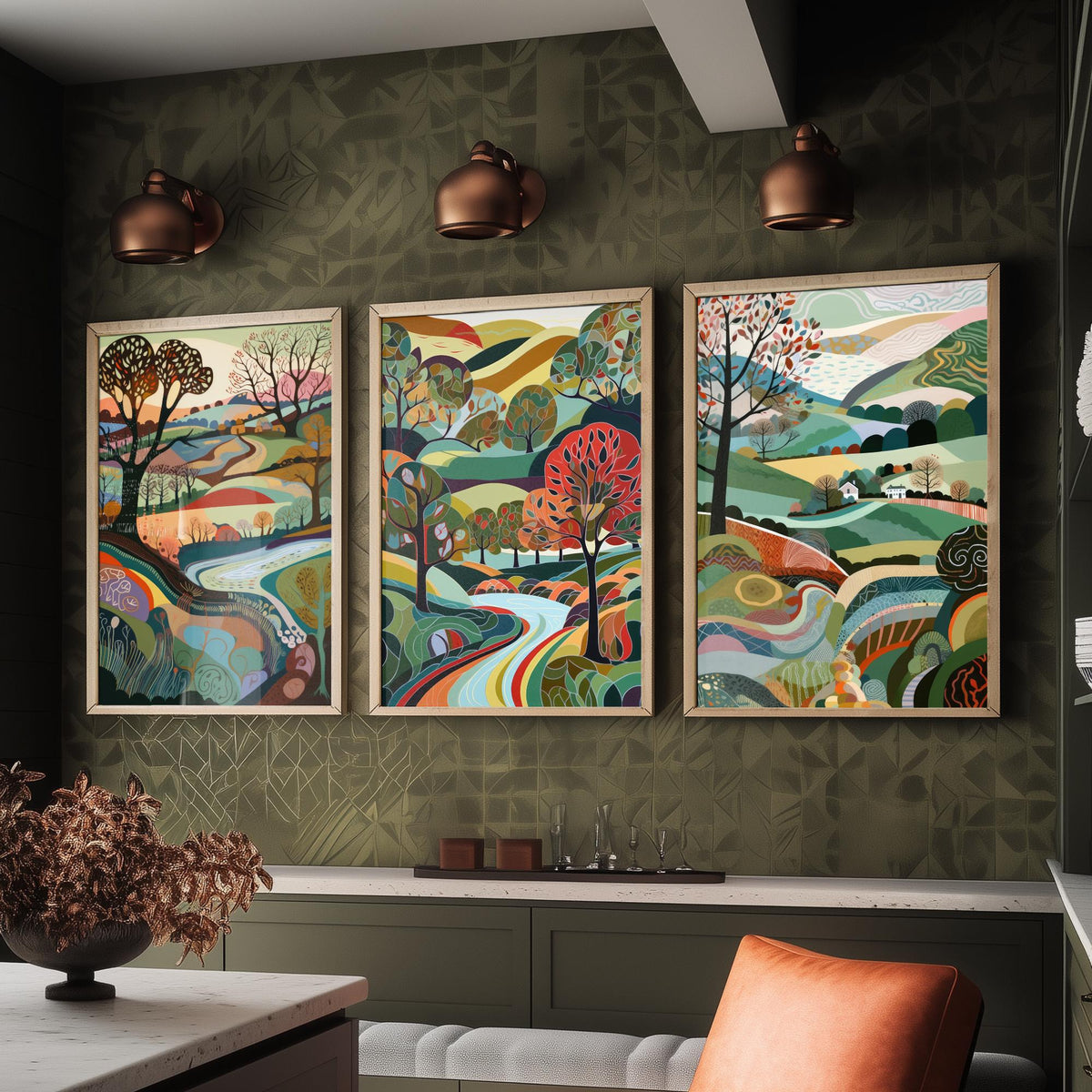 Rainbow Colour Landscape Drawing Set of Three Art Prints - Trees, Hills and River - Vibrant Folk Countryside Poster Illustration