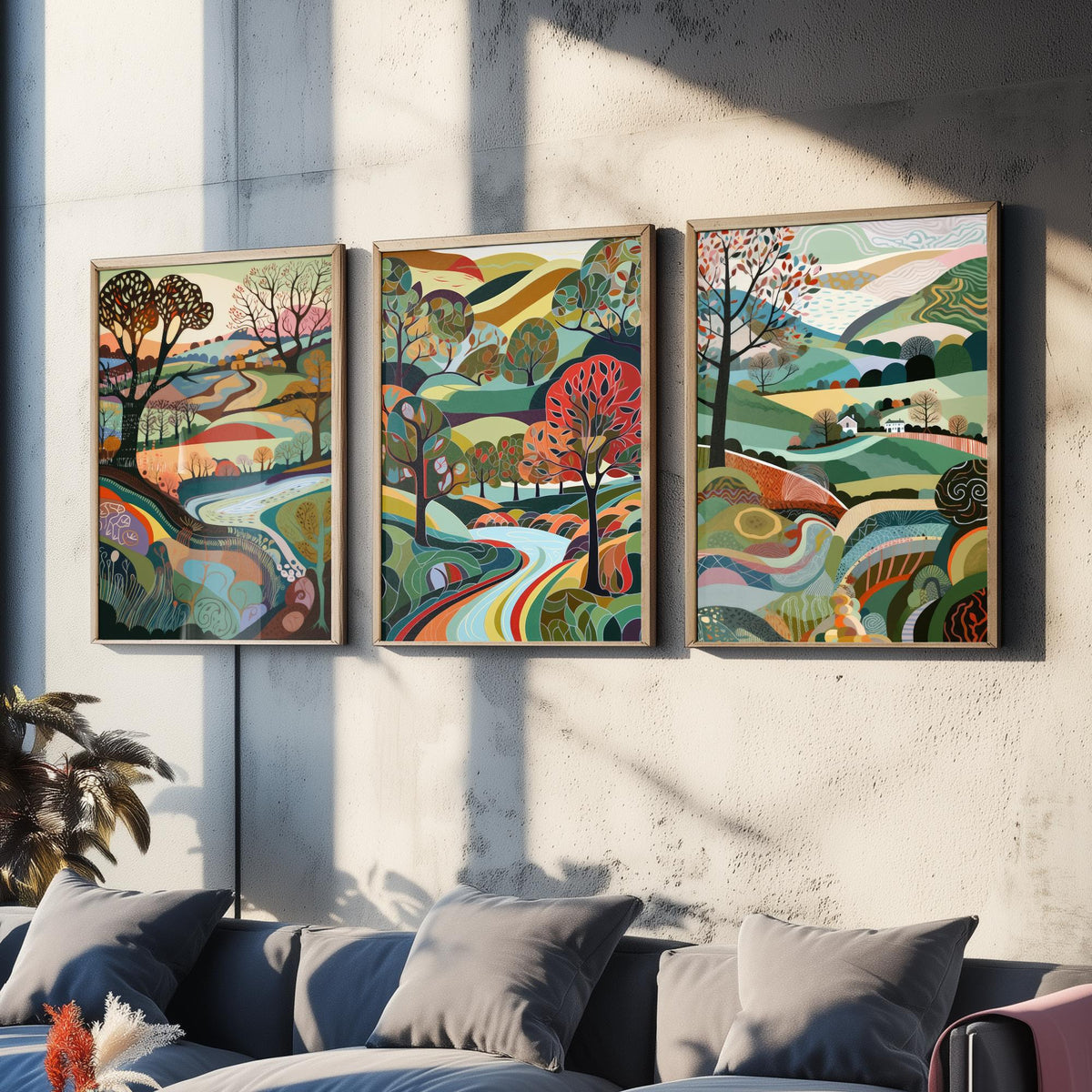 Rainbow Colour Landscape Drawing Set of Three Art Prints - Trees, Hills and River - Vibrant Folk Countryside Poster Illustration