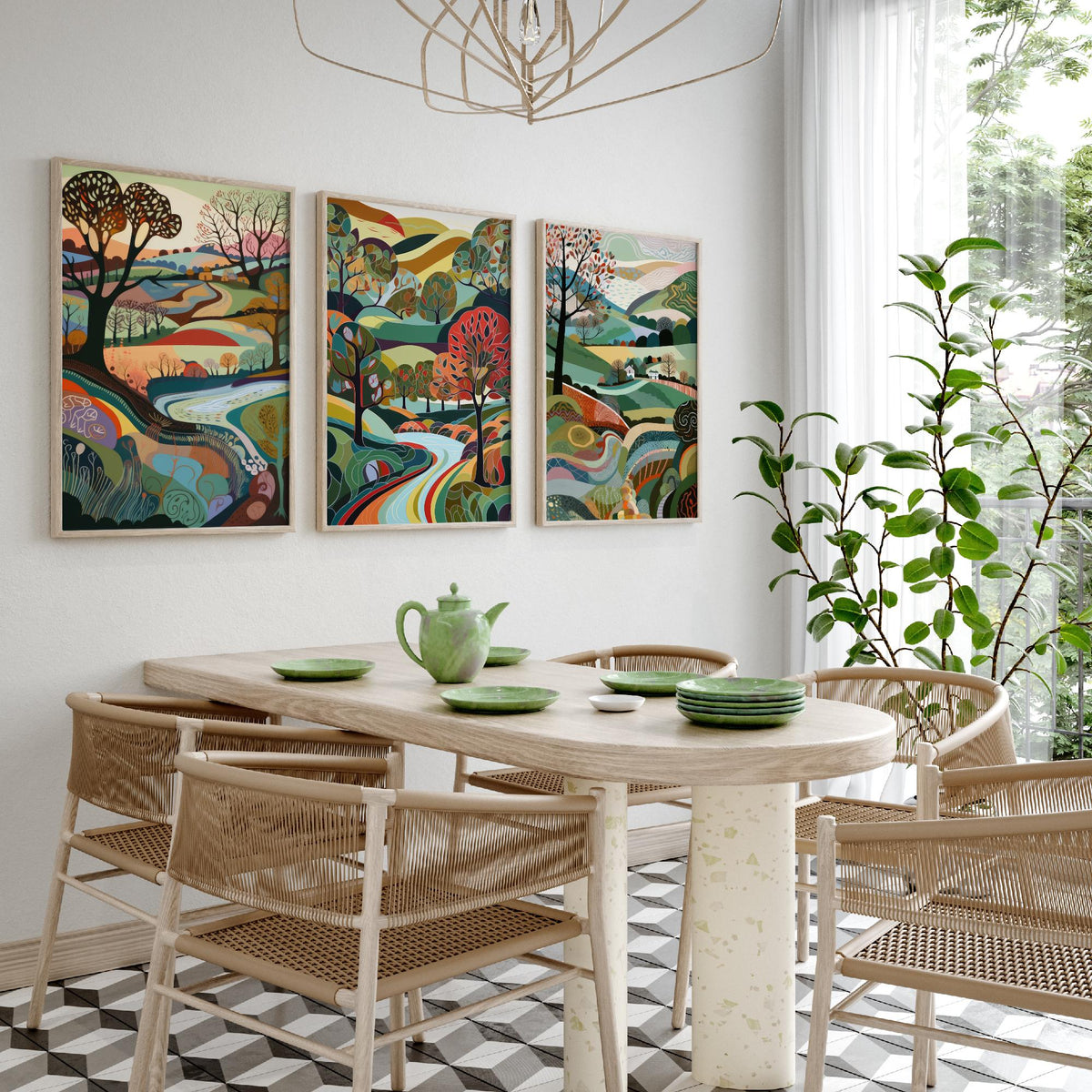 Rainbow Colour Landscape Drawing Set of Three Art Prints - Trees, Hills and River - Vibrant Folk Countryside Poster Illustration