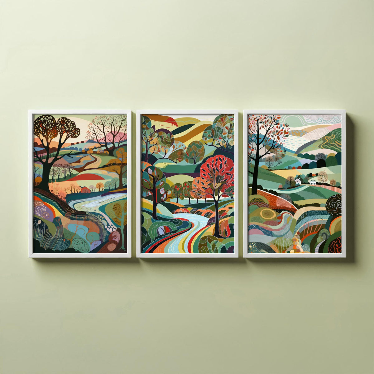Rainbow Colour Landscape Drawing Set of Three Art Prints - Trees, Hills and River - Vibrant Folk Countryside Poster Illustration
