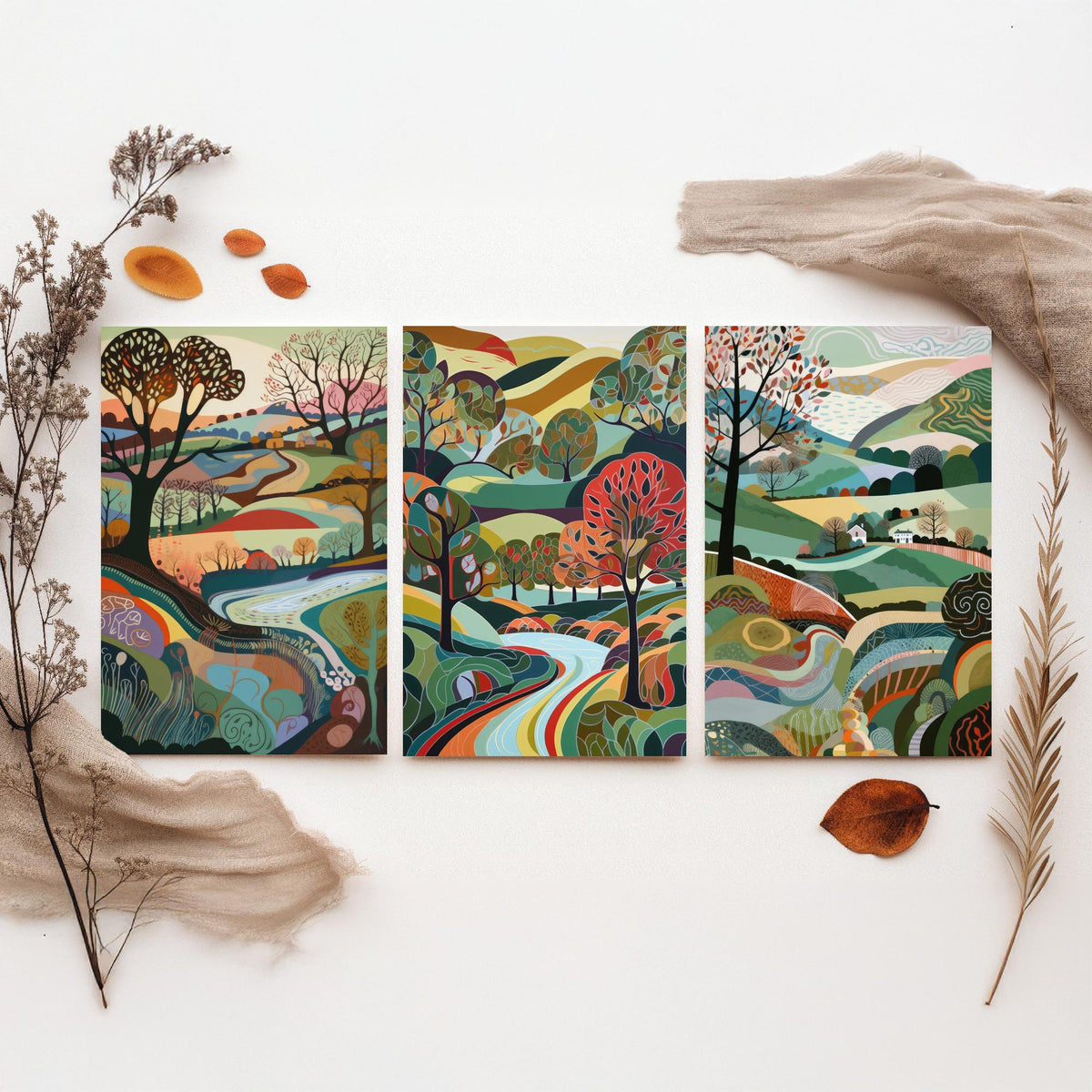 Rainbow Colour Landscape Drawing Set of Three Art Prints - Trees, Hills and River - Vibrant Folk Countryside Poster Illustration