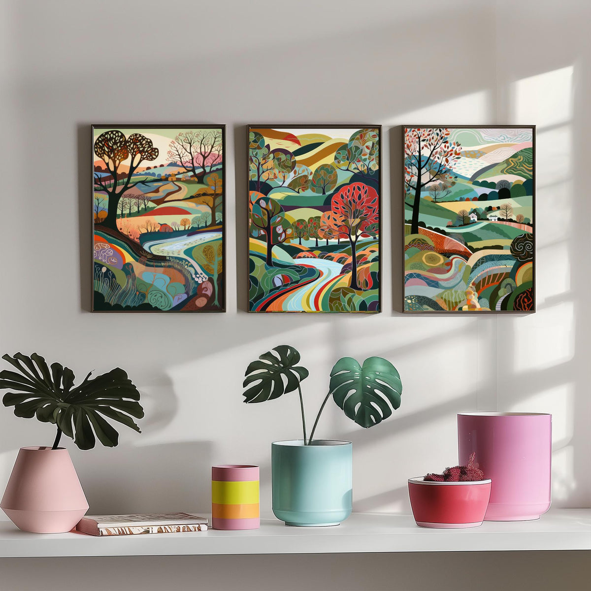 Rainbow Colour Landscape Drawing Set of Three Art Prints - Trees, Hills and River - Vibrant Folk Countryside Poster Illustration
