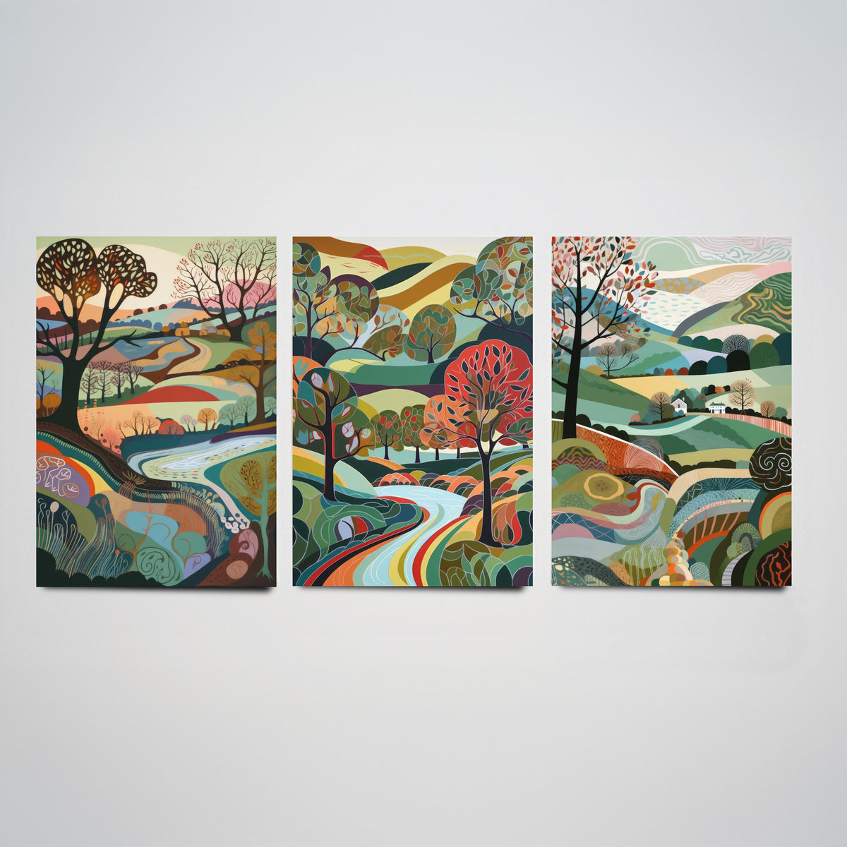 Rainbow Colour Landscape Drawing Set of Three Art Prints - Trees, Hills and River - Vibrant Folk Countryside Poster Illustration