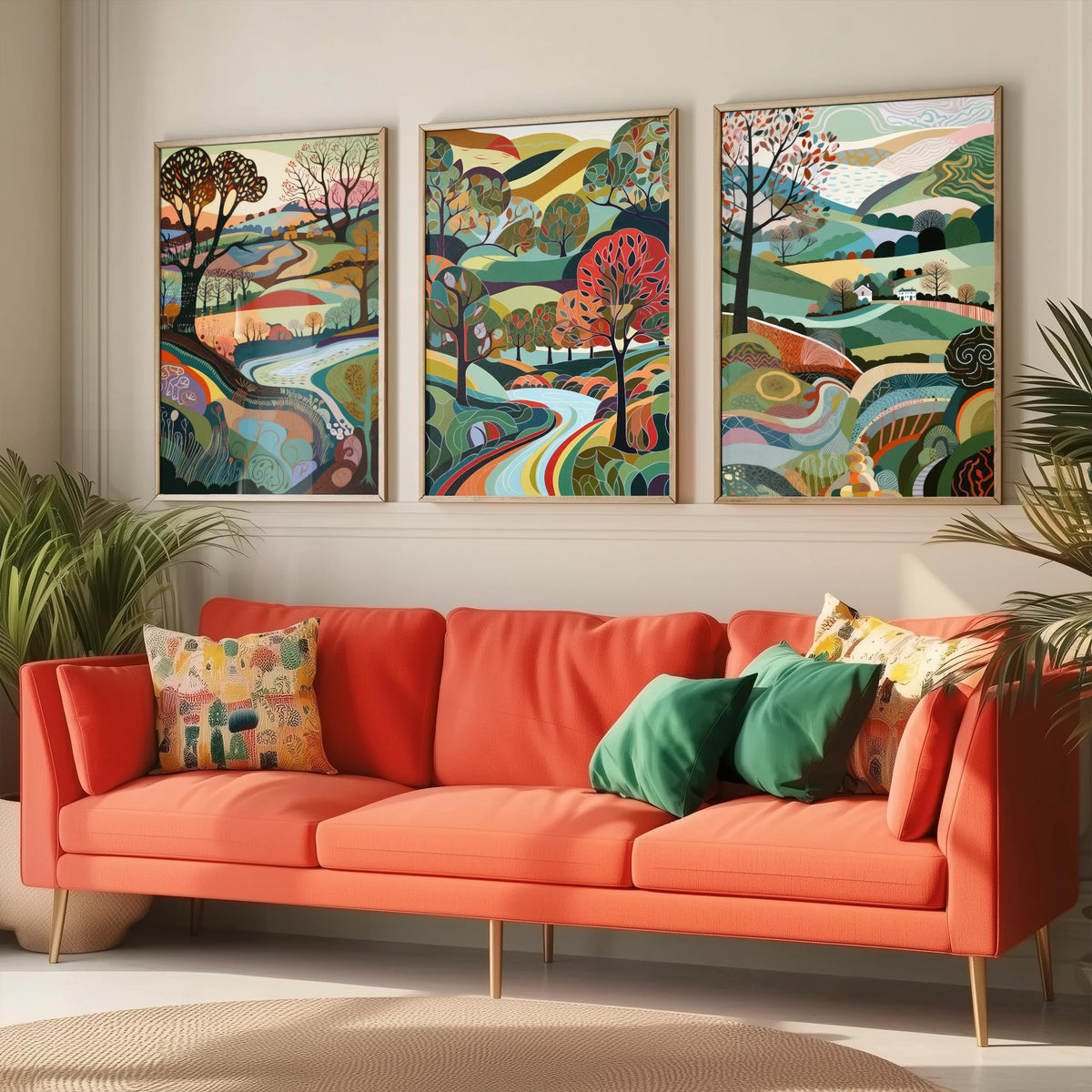Rainbow Colour Landscape Drawing Set of Three Art Prints - Trees, Hills and River - Vibrant Folk Countryside Poster Illustration