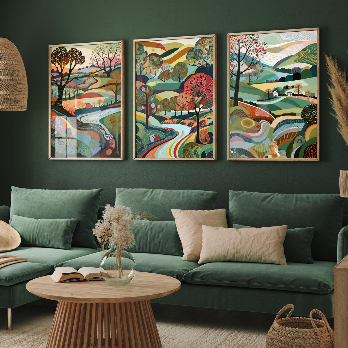 Rainbow Colour Landscape Drawing Set of Three Art Prints - Trees, Hills and River - Vibrant Folk Countryside Poster Illustration