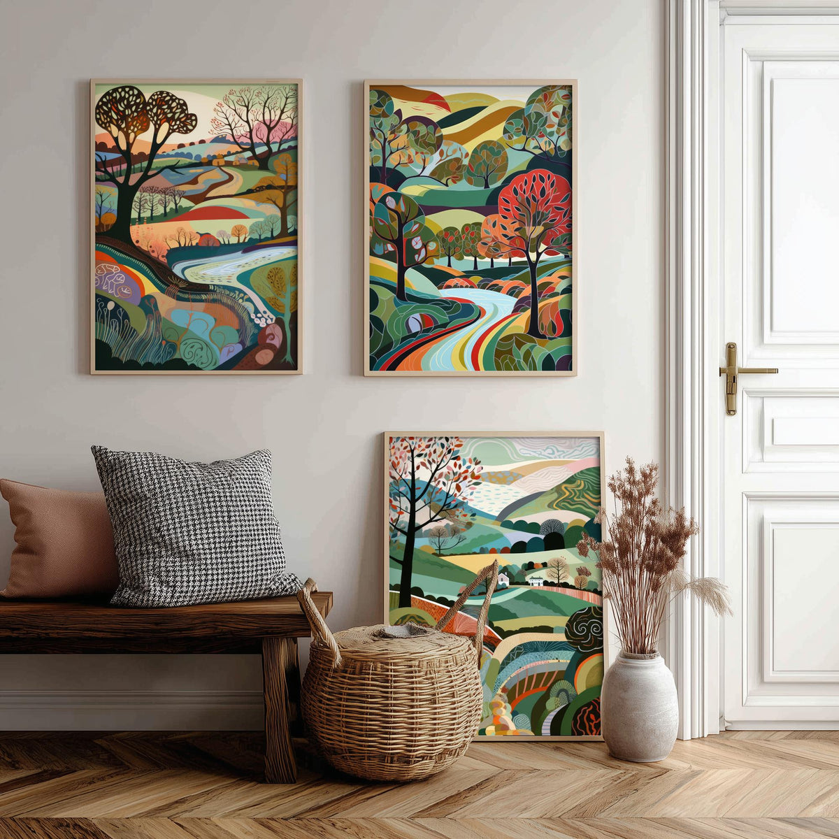 Rainbow Colour Landscape Drawing Set of Three Art Prints - Trees, Hills and River - Vibrant Folk Countryside Poster Illustration