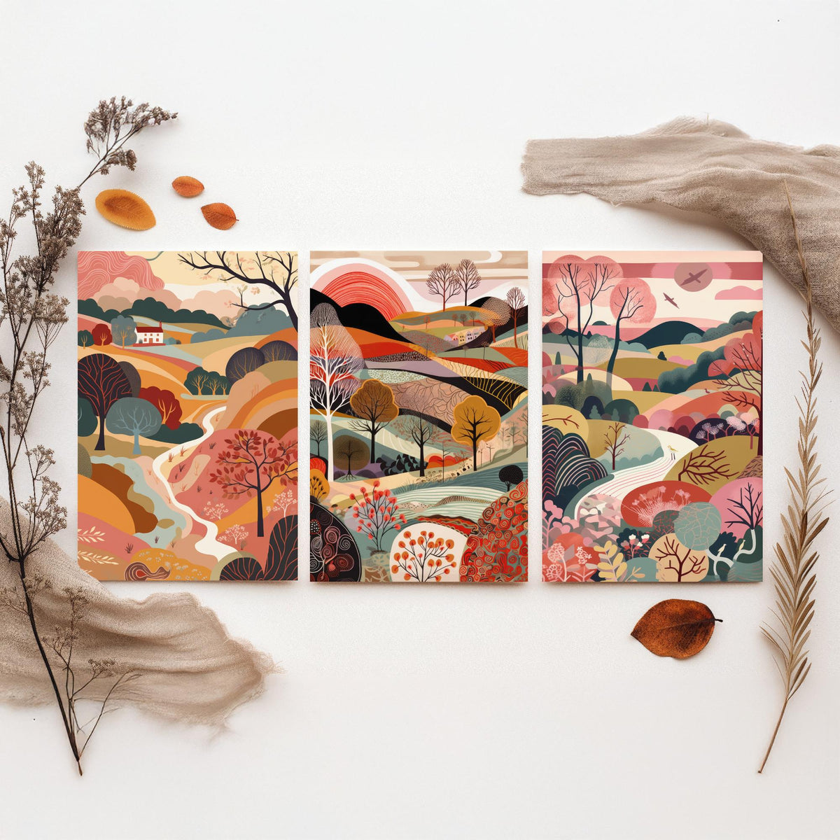 Rose Landscape Drawing Set of Three Art Prints - Trees, Hills and Farmhouse - Romantic Folk Countryside Poster Illustration