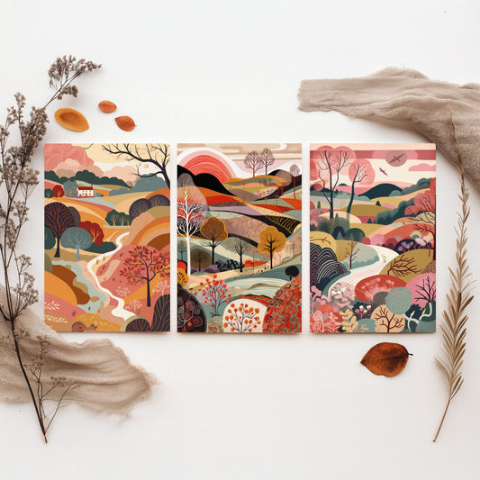 Rose Landscape Drawing Set of Three Art Prints - Trees, Hills and Farmhouse - Romantic Folk Countryside Poster Illustration