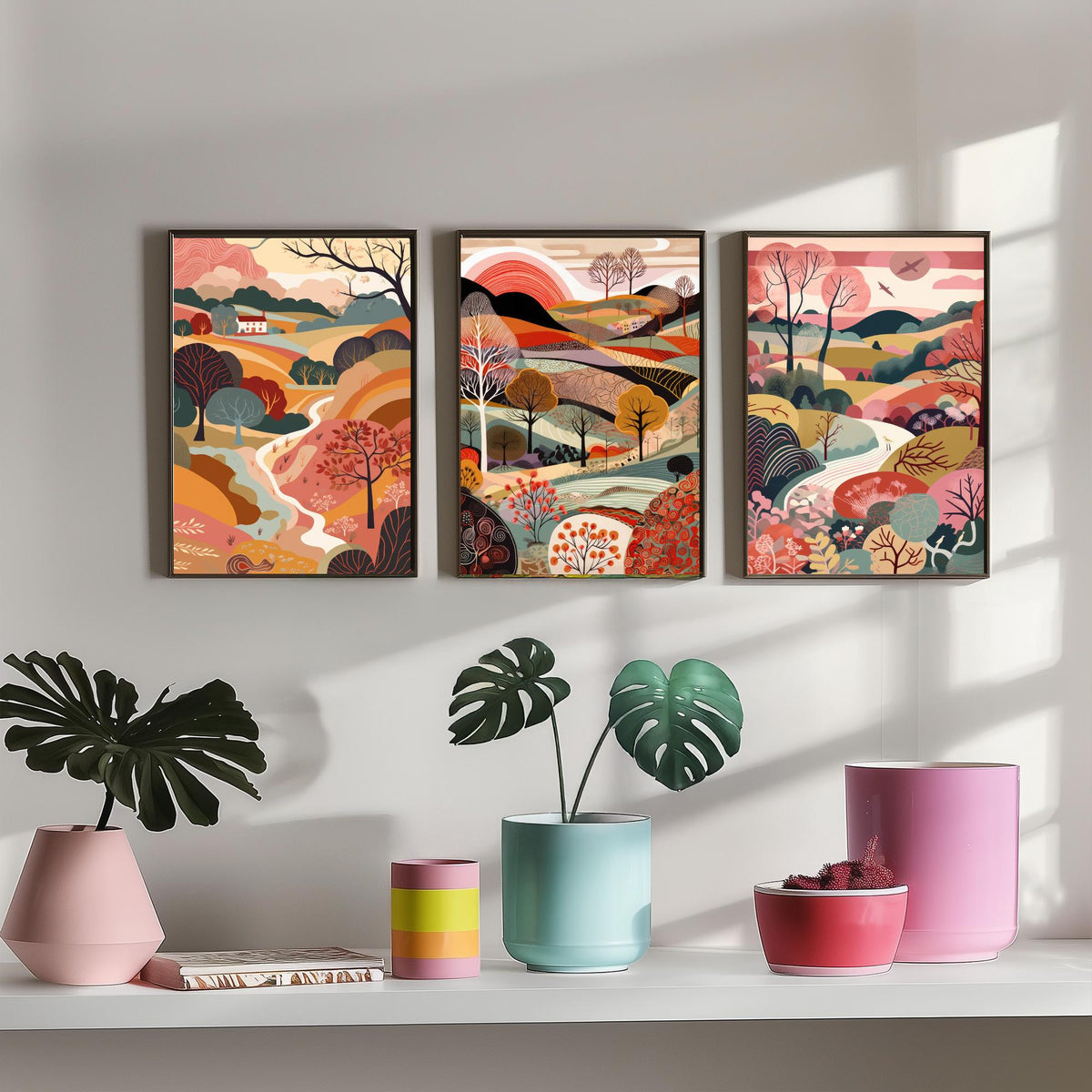 Rose Landscape Drawing Set of Three Art Prints - Trees, Hills and Farmhouse - Romantic Folk Countryside Poster Illustration