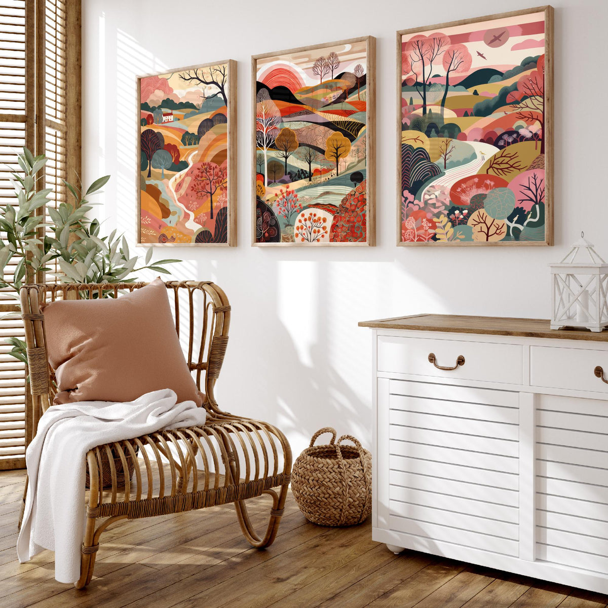 Rose Landscape Drawing Set of Three Art Prints - Trees, Hills and Farmhouse - Romantic Folk Countryside Poster Illustration