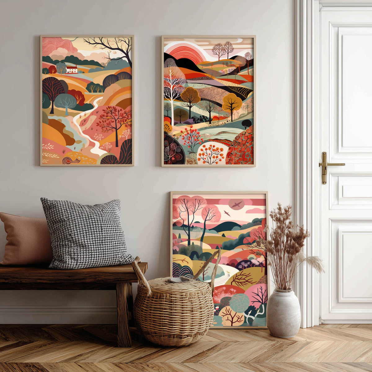 Rose Landscape Drawing Set of Three Art Prints - Trees, Hills and Farmhouse - Romantic Folk Countryside Poster Illustration