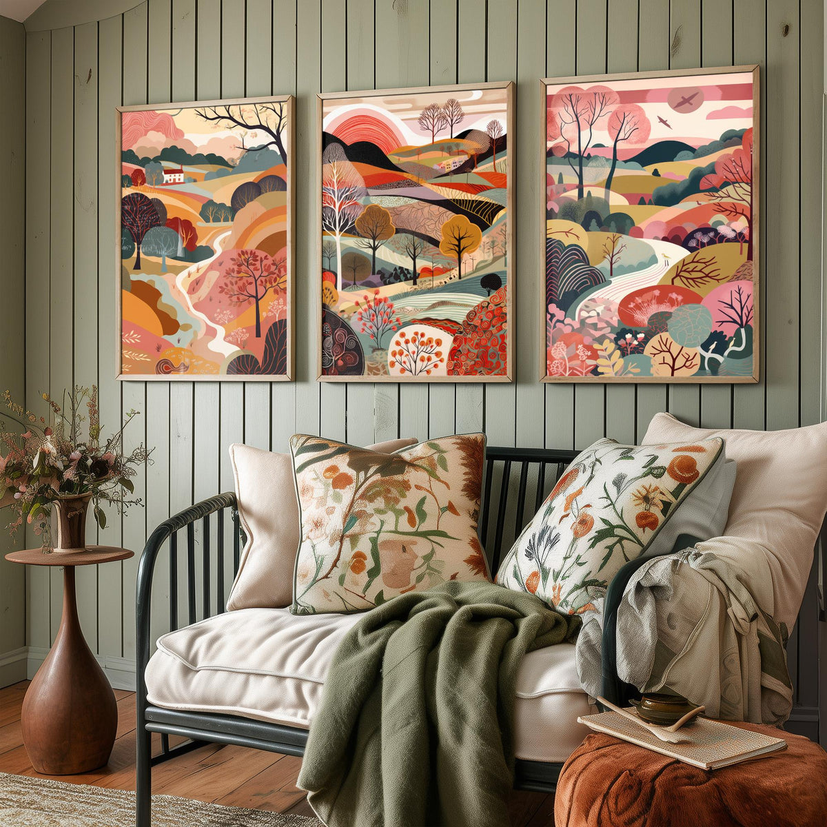 Rose Landscape Drawing Set of Three Art Prints - Trees, Hills and Farmhouse - Romantic Folk Countryside Poster Illustration