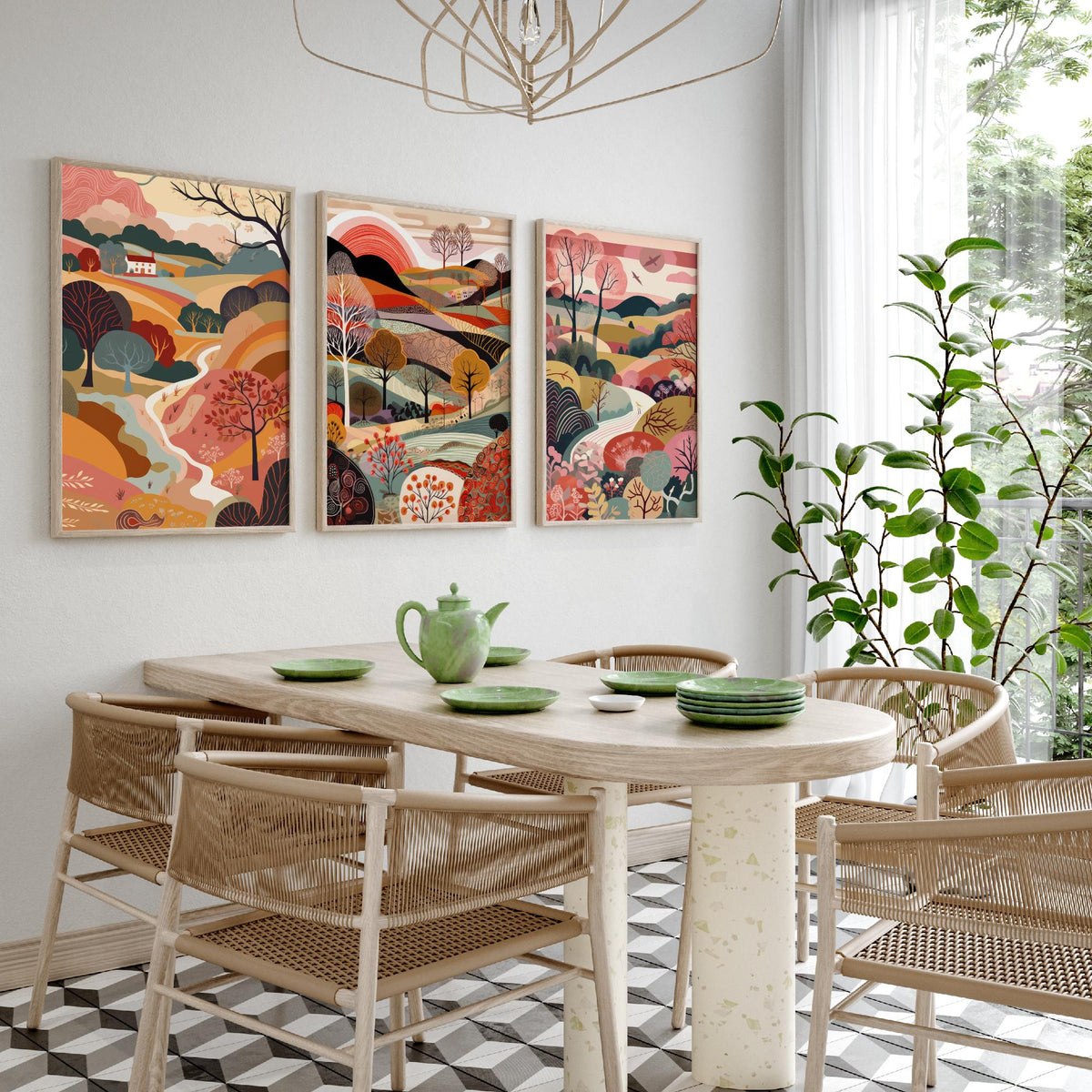 Rose Landscape Drawing Set of Three Art Prints - Trees, Hills and Farmhouse - Romantic Folk Countryside Poster Illustration