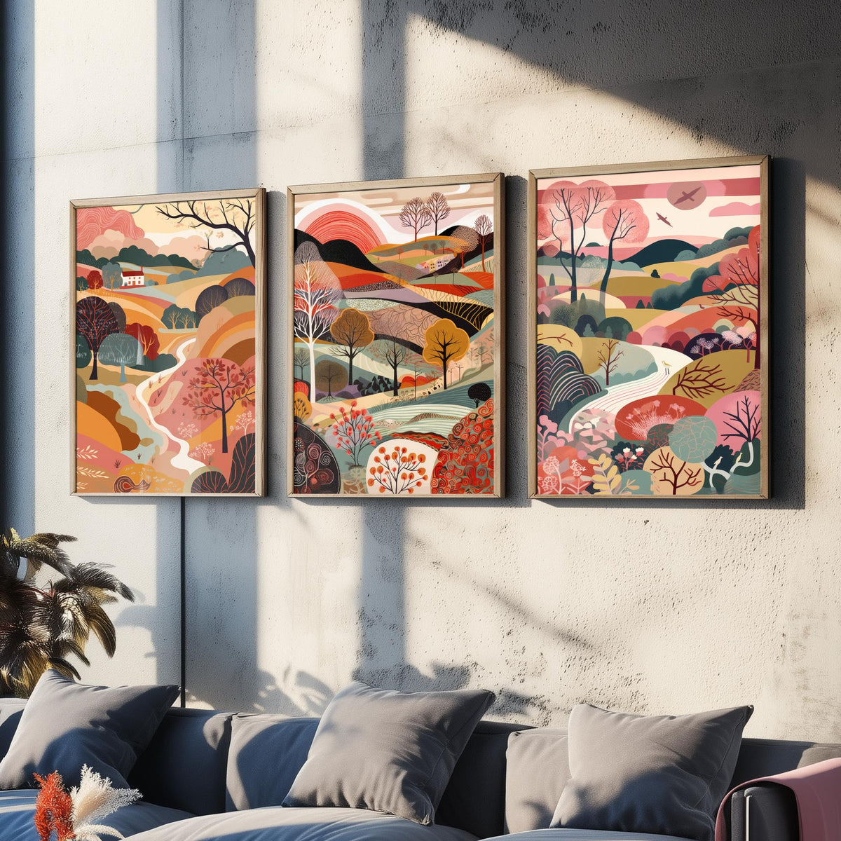 Rose Landscape Drawing Set of Three Art Prints - Trees, Hills and Farmhouse - Romantic Folk Countryside Poster Illustration