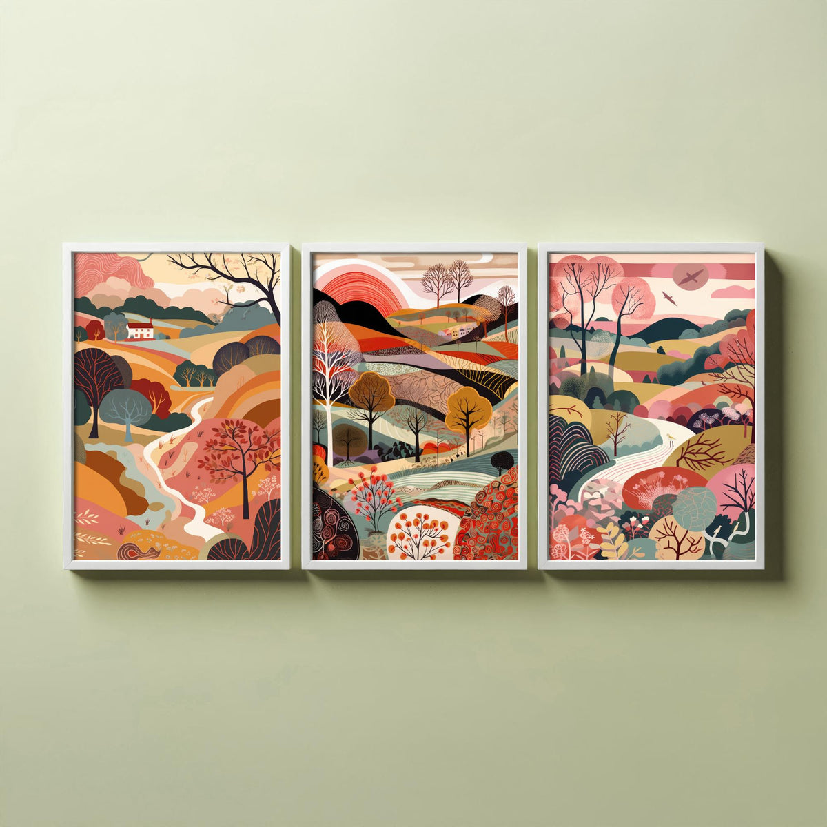 Rose Landscape Drawing Set of Three Art Prints - Trees, Hills and Farmhouse - Romantic Folk Countryside Poster Illustration