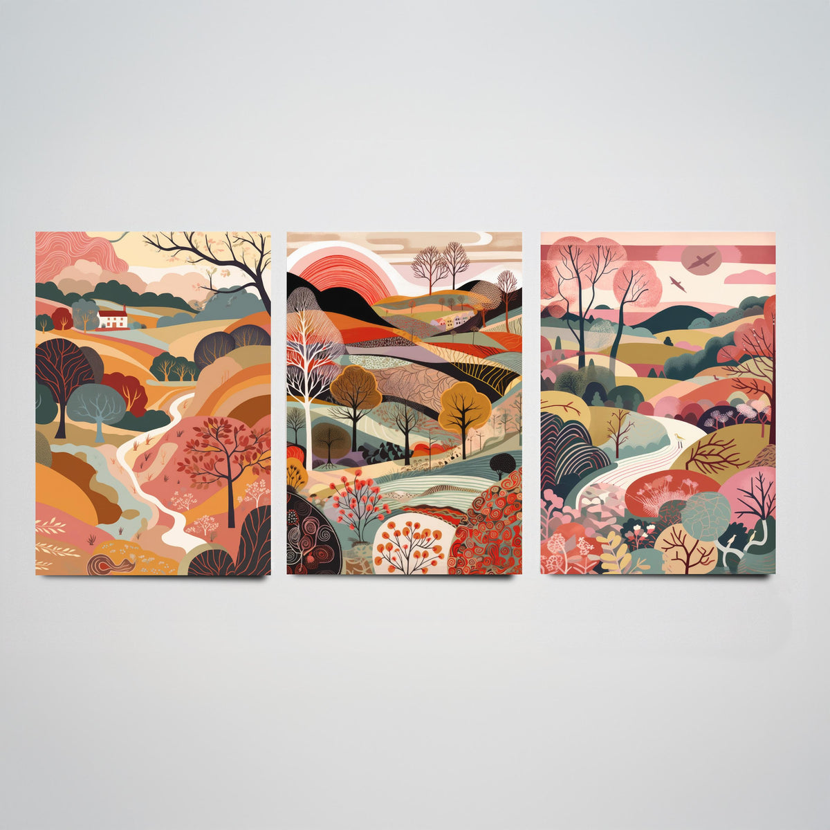 Rose Landscape Drawing Set of Three Art Prints - Trees, Hills and Farmhouse - Romantic Folk Countryside Poster Illustration