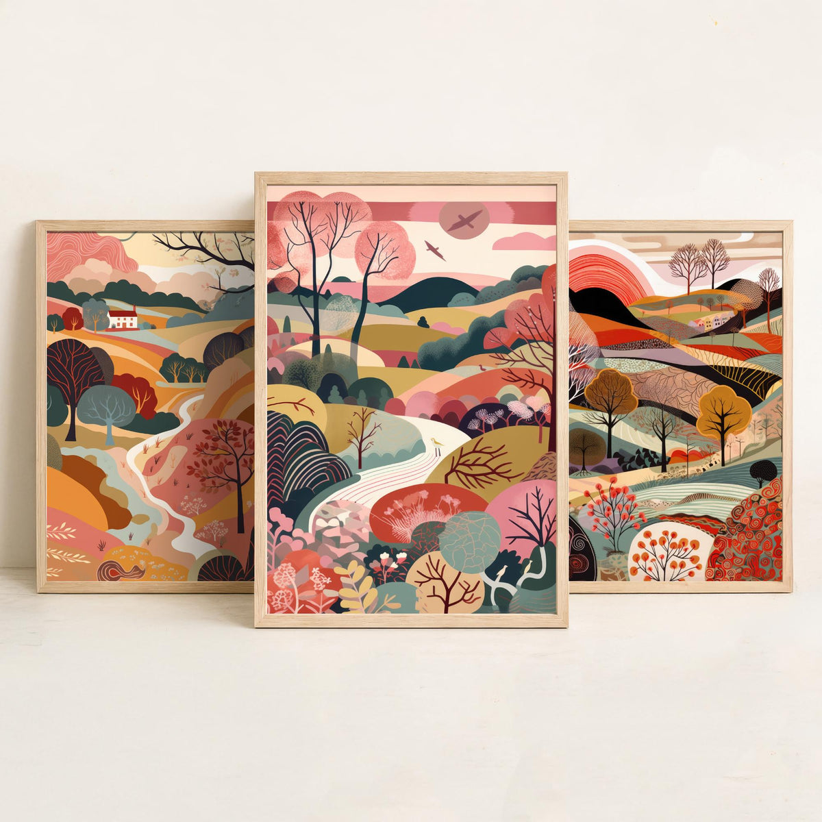 Rose Landscape Drawing Set of Three Art Prints - Trees, Hills and Farmhouse - Romantic Folk Countryside Poster Illustration