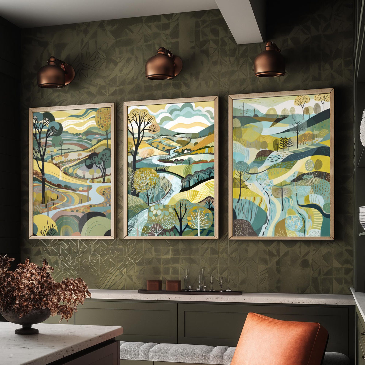 Rosewood Landscape Drawing Set of Three Art Prints - Trees, Hills and River - Muted Folk Countryside Poster Illustration