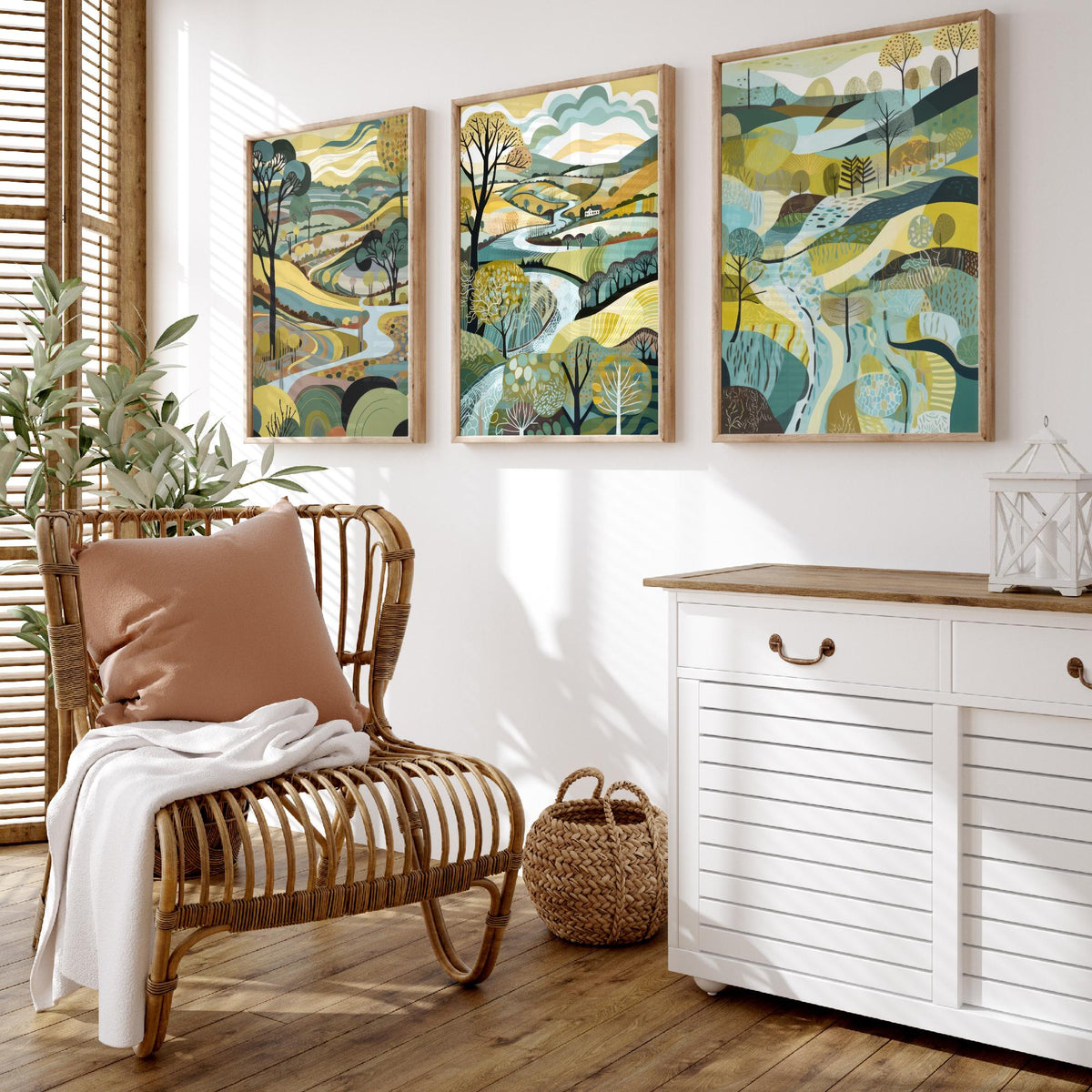 Rosewood Landscape Drawing Set of Three Art Prints - Trees, Hills and River - Muted Folk Countryside Poster Illustration